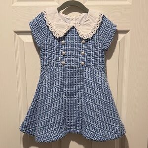Janie & Jack Blue and White Tweed Dress with Lace Collar